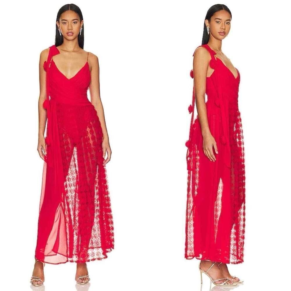 For Love & Lemons Hannah Red Maxi Dress XS Rosette Chiffon Sheer Gown